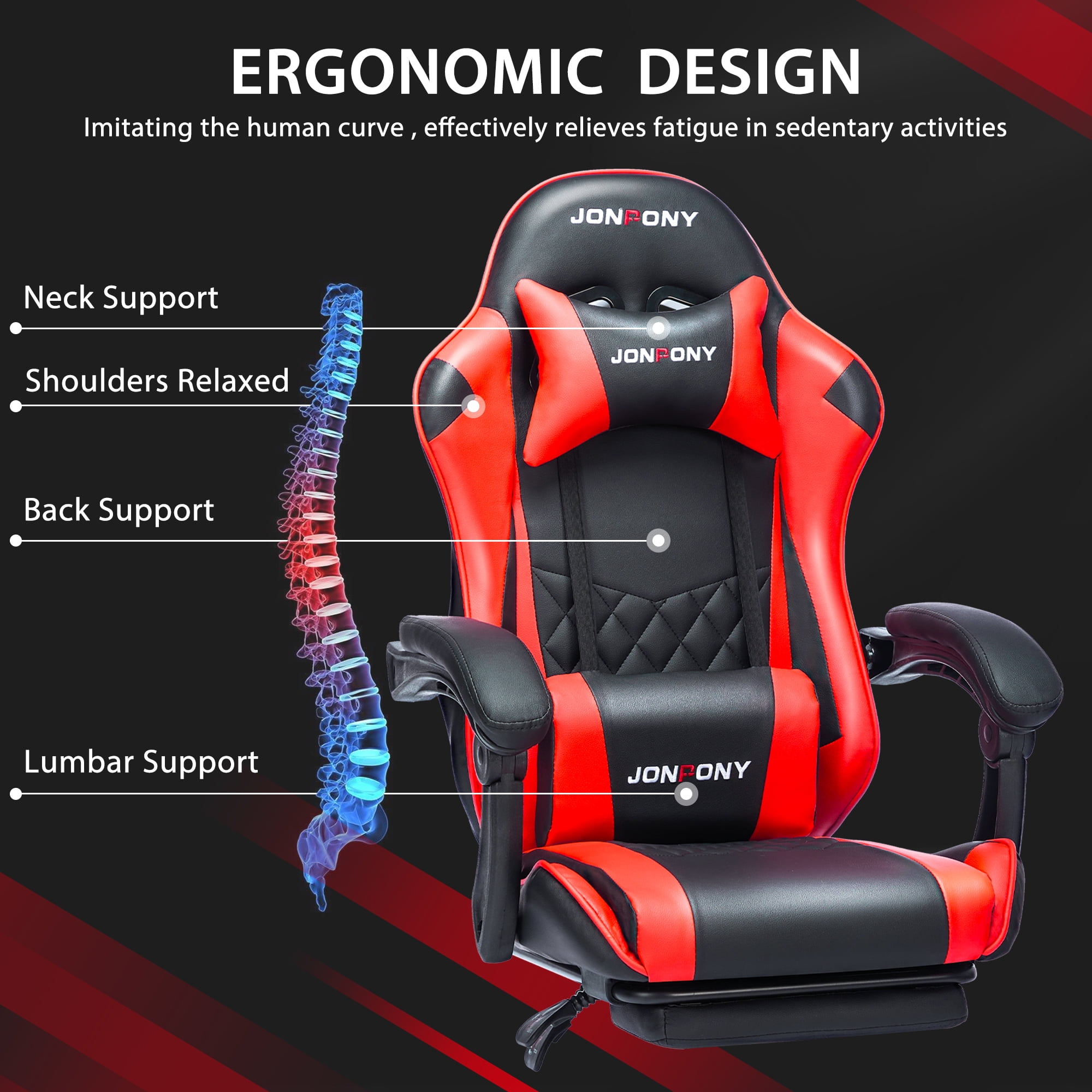 JONPONY Big and Tall 400LBS Gaming Chair, Ergonomic Design, Gamer Chair PU Leather with Footrest and Lumbar Support, High Back Office Chair Support 8 Hours Long Sitting, Computer Chair,Red