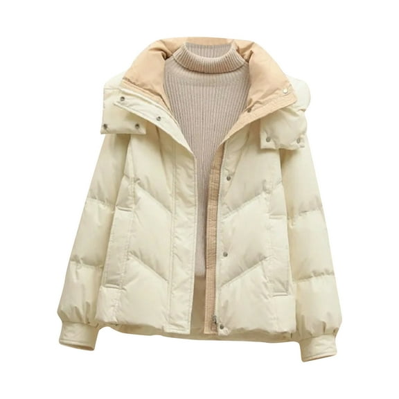 Olyvenn Womens Short Puffer Jacket Removable Hood Casual Trendy Winter Warm Puffer Quilted Jackets with Pockets Beige L