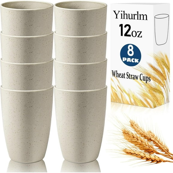 Wheat Straw Cups,8 PCS Unbreakable Drinking Cup,12 oz Plastic Cups Reusable,Wheat Straw Unbreakable Cup,Plastic Reusable Cups for Kitchen Camping Party,Dishwasher & Microwave Safe(Beige)