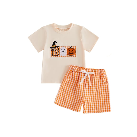 Loicainy Baby Toddler Boys Halloween Outfit 12 18 24 Months 2T 3T 4T 5T Short Sleeve Pumpkin Ghost Embroidery Tops with Plaid Shorts 2Pcs Kids Clothes Set