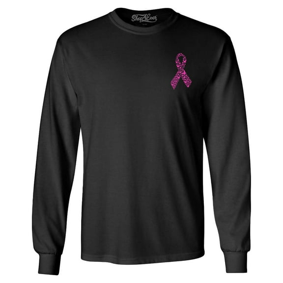 Shop4Ever Men's Butterfly Ribbon - Breast Cancer Awareness_Bright Pink Pocket Size Long Sleeve Shirt 2XL Black