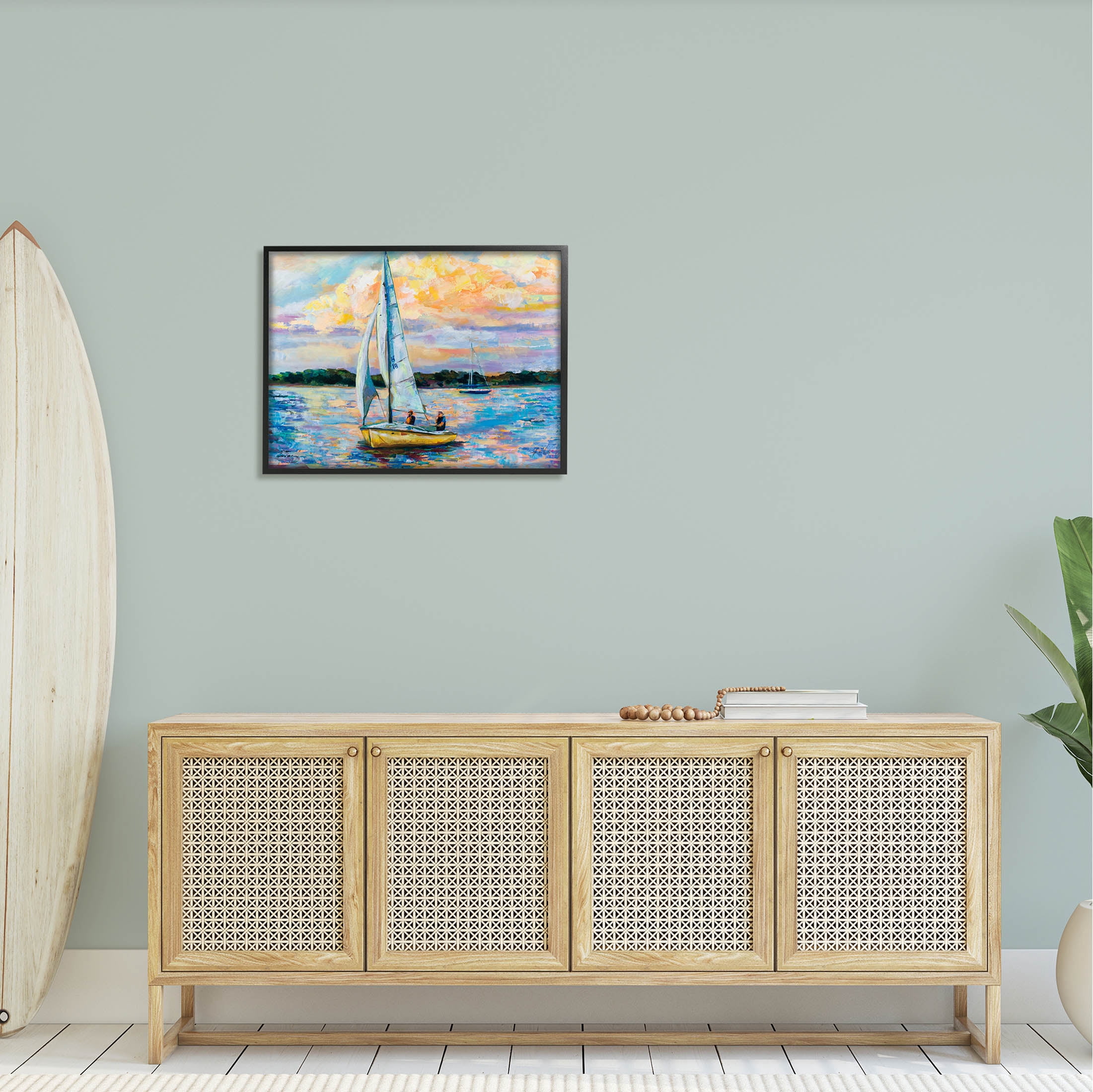 Stupell Industries Vivid Nautical Sailboat Landscape Painting Black Framed Art Print Wall Art, Design by Jeanette Vertentes