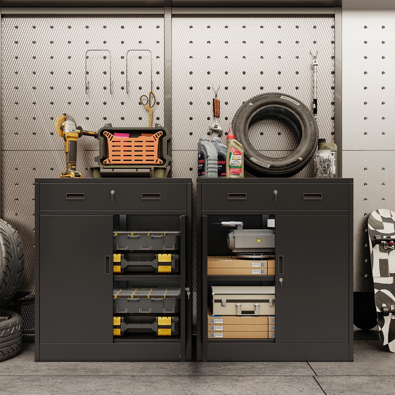 CJF Metal Storage Cabinet, 36" H Locking Storage Cabinet with 1 Drawers and Adjustable Shelf, Steel Cabinets for Office, Garage, Home (Black)