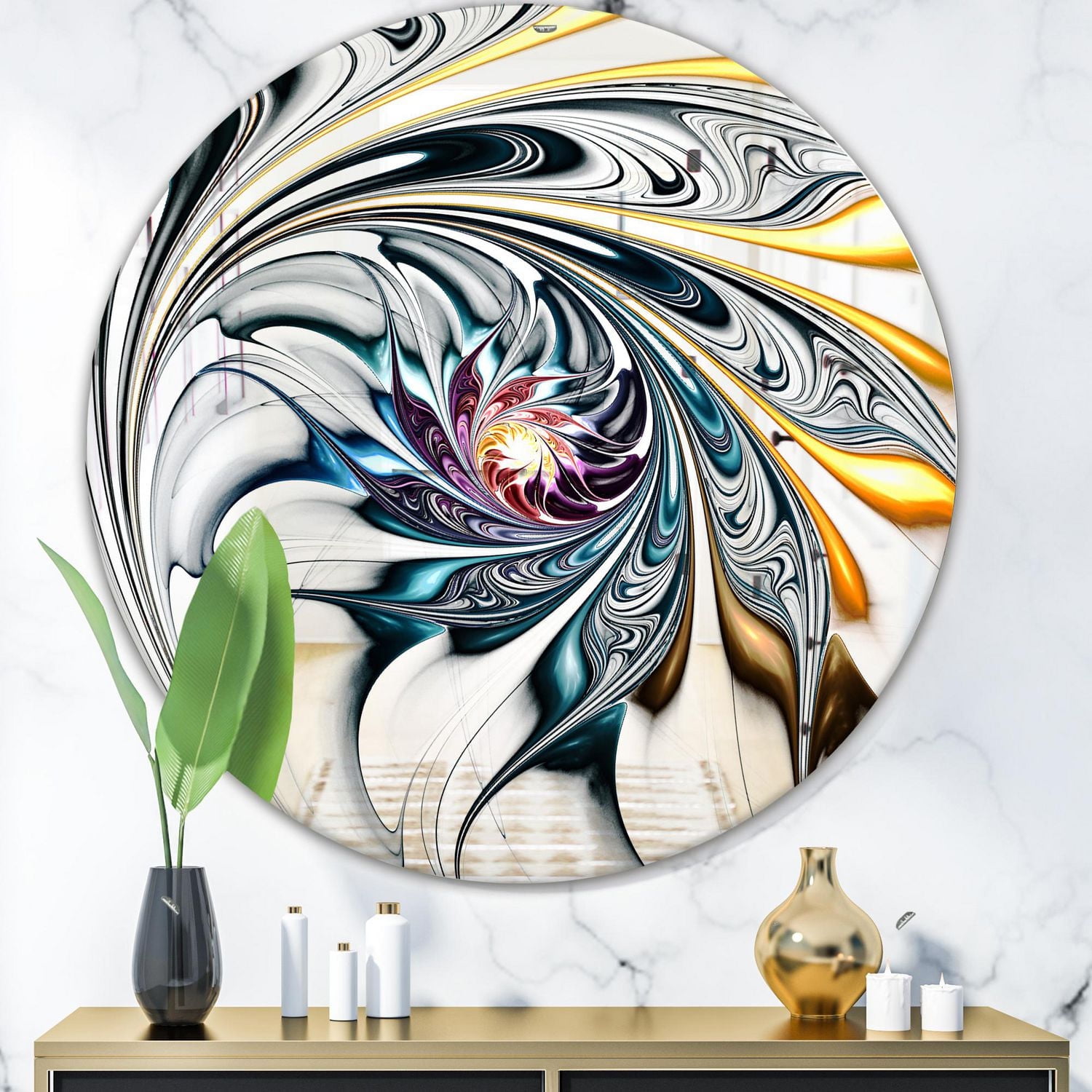 Designart 'White Stained Glass Floral Art' Miroir Moderne - Miroir Mural Contemporain Ovale ou Rond - 32x32