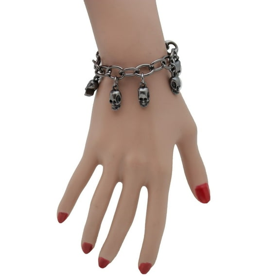 Women Pewter Metal Chain Gunmetal Bracelet Halloween Fashion Jewelry Skull Charm