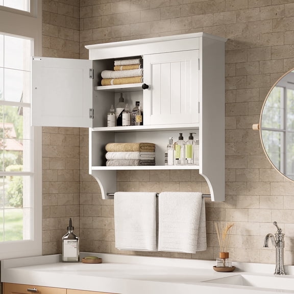 Asofer Bathroom Wall Cabinet, Wall Mounted Cabinet with Towel Bar, and Adjustable Shelves，White