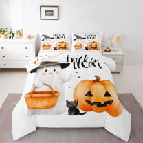 jejeloiu Trick Or Treat Bedding Comforter Set,Kawaii Halloween Ghost Twin Comforter Sets,Cute Cat Pumpkin Lantern Bedding Set For Kids Girls Boys,Luxury Bedroom Decor Reversible,2pcs