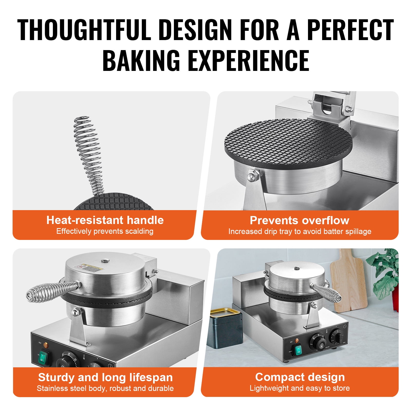 KFFKFF Electric Waffle Cone Maker, 1230W Commercial Ice Cream Cone Machine, Durable Non-Stick Stainless Steel, Adjustable Temp & Timer, with Handle, Ideal for Cafes, Bakeries, Home Use
