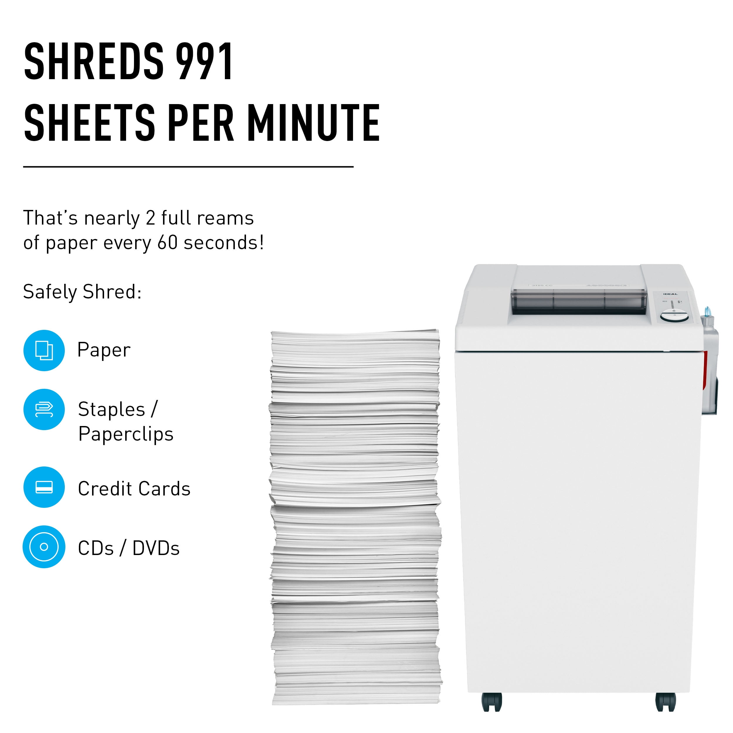 IDEAL 3105 Cross-Cut Commercial Office Paper Shredder with Automatic Oiler, Made in Germany, Continuous Operation, 37 to 39 Sheet Feed Capacity, 37-Gallon Bin, Versatile, P-4 Security