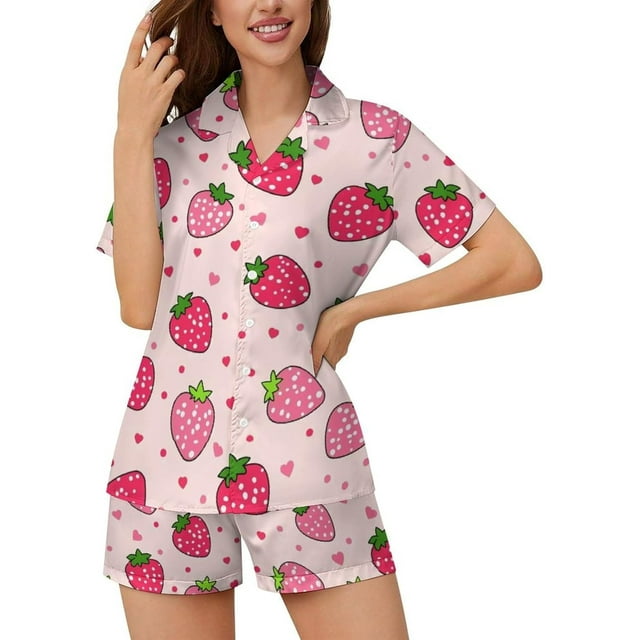 SKQIT Ensembles de Pyjama à Manches Courtes pour Femmes, 2 Pcs Imprimé Mignon Chemise Boutonnée en Satin Doux et Shorts