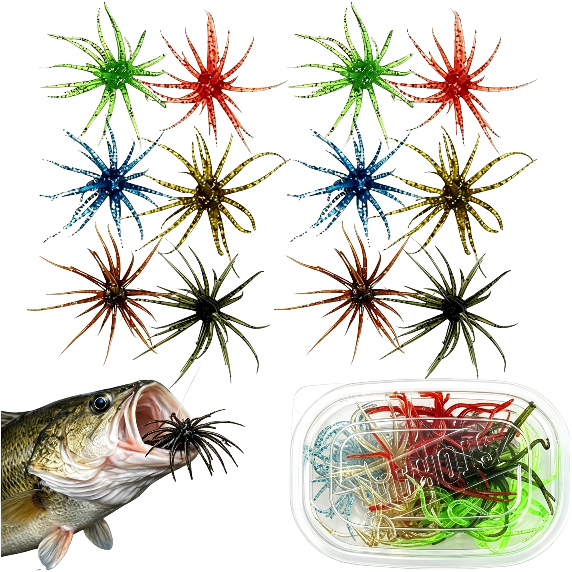 BESTSKY 12Pcs Sea Urchin Bait Realistic Fuzzy Dice Fishing Lure for Bass&Perch Floating Tpr Swimbait with Reflective Stars Sea Urchin Style Finesse Bait for Freshwater Trout&Crappie with Tackle Box
