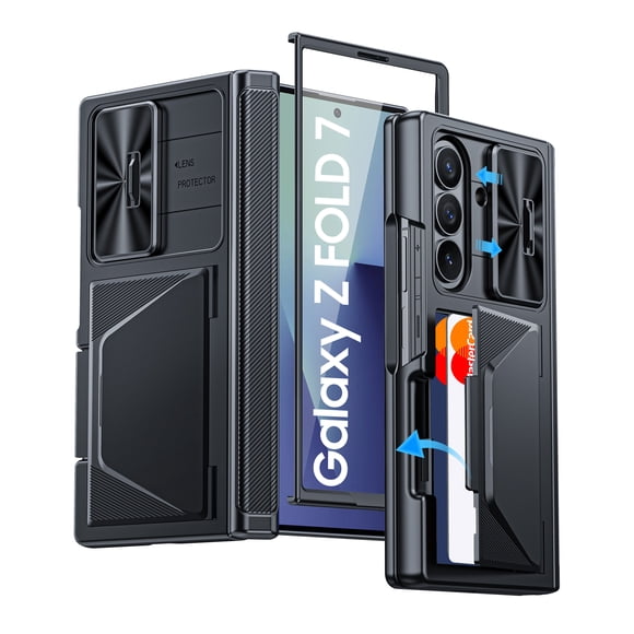 Oupeigar para Samsung Galaxy Z Fold 7 Funda de Teléfono, con Tarjetero, Soporte, Cubierta de Lente Deslizante, Protector de Pantalla Integrado, Funda de Teléfono Tipo Billetera Resistente - Negro