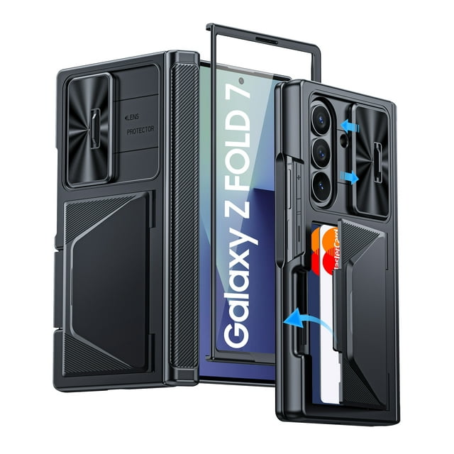 Oupeigar para Samsung Galaxy Z Fold 7 Funda de Teléfono, con Tarjetero, Soporte, Cubierta de Lente Deslizante, Protector de Pantalla Integrado, Funda de Teléfono Tipo Billetera Resistente - Negro