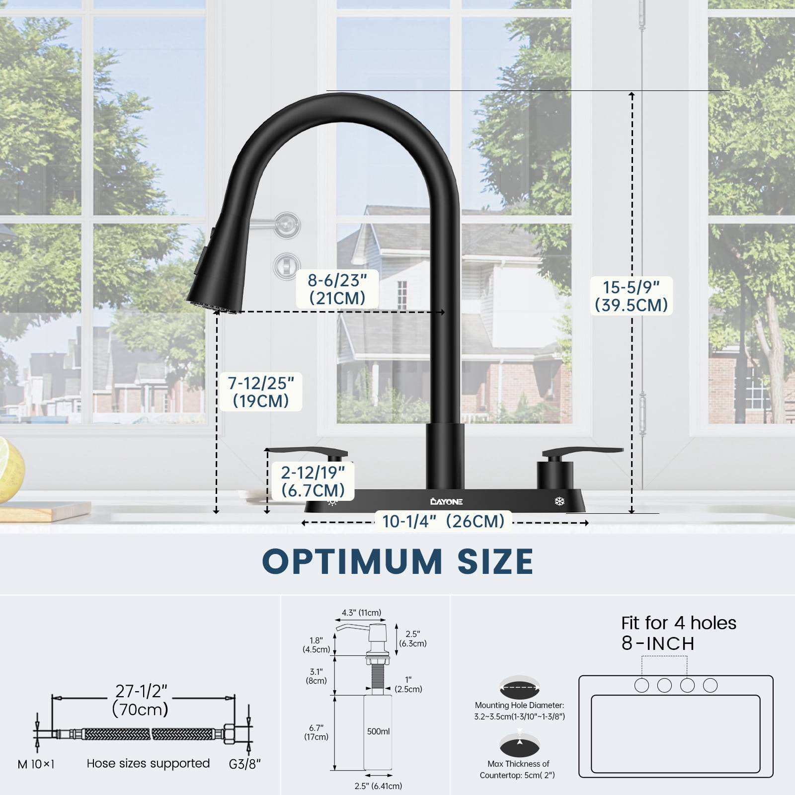 DAYONE Matte Black 2 Handle Kitchen Faucet with Pull Down Sprayer, 4 Holes Sink Faucets for Kitchen/RV with Soap Dispenser Stainless Steel