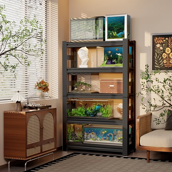Fish Tank Stand, Metal Aquarium Stand, Adjustable Heavy Duty Reptile Tank Stand Table Stand, Sturdy 5-Tier Fish Tank, Modern Shelf for Living Room (With Fences)