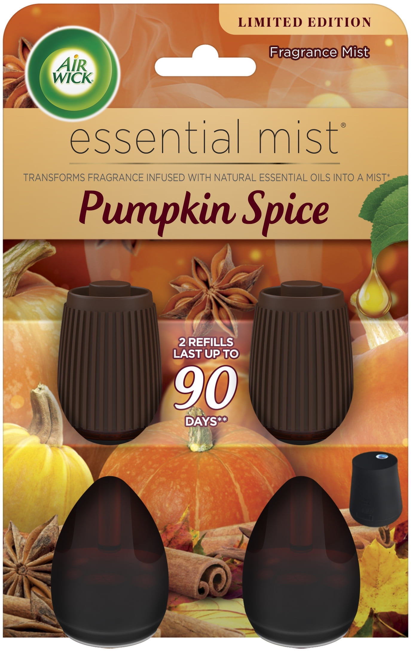 Air Wick Essential Mist Refill, 2ct, Pumpkin Spice, Fall Scent, Essential Oils, Air Freshener