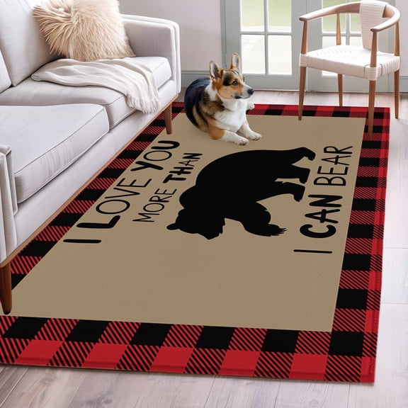 Christmas Area Rug 4x6 Washable Rug Non Slip Farmhouse Country Brown Bear Red Black Plaid Large Area Rug Indoor Floor Carpet for Entryway Bedroom Kitchen Living Room Home Office Dining Room Nursery