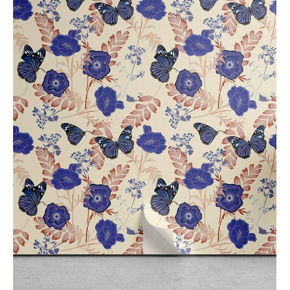 Ambesonne Autumn Peel & Stick Wallpaper for Home, Butterfly Flower Retro Plot, 13"x100", Dark Violet Eggshell