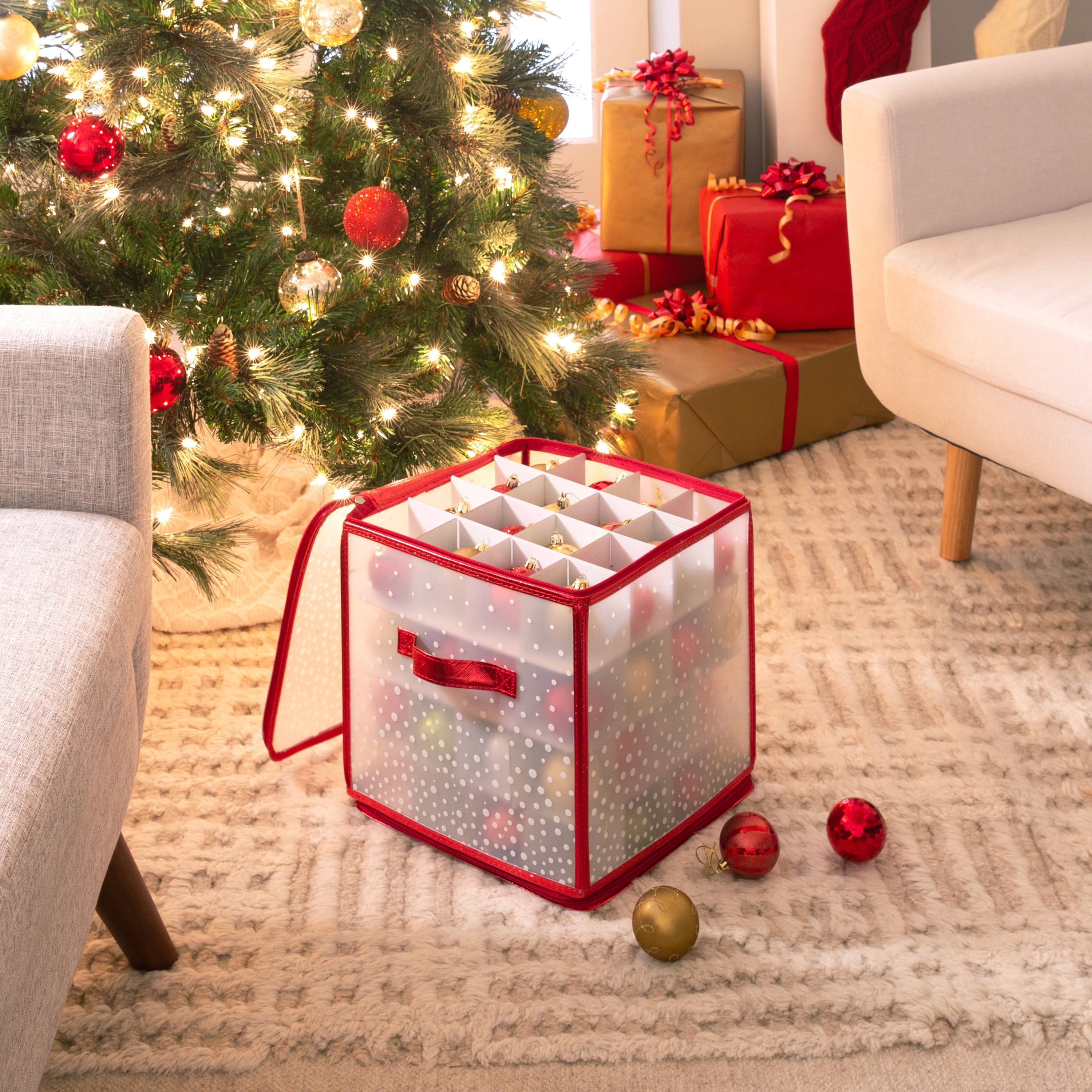 Simplify 64-Count Plastic Ornament Organizer Storage Box, Red