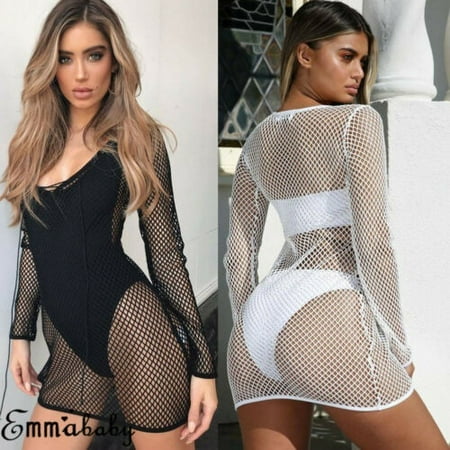 Sexy Long Sleeve Fishnet - Women Hollow Out Mesh Fishnet Beach Cover Up Sexy Shirt Long Sleeve Tops Blouses