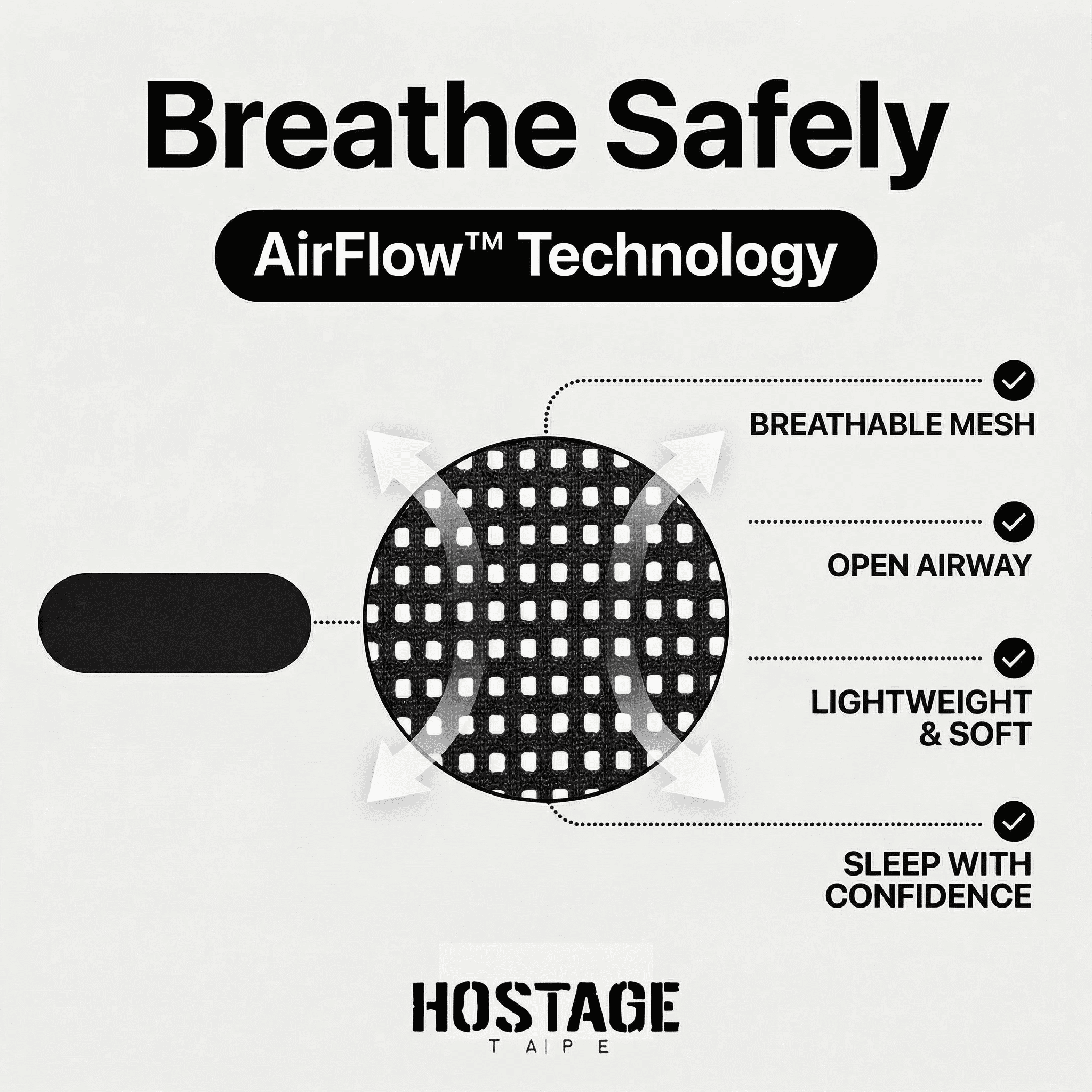 Hostage Tape Breathable Hypoallergenic Mouth Tape for Snoring, Black, Oval - 75mm x 38mm, 30 Count