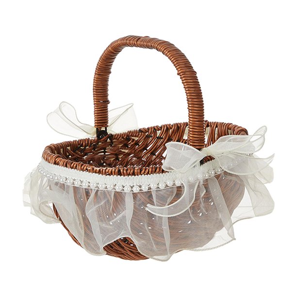 Cesta de flores pequeña tejida, cesta de almacenamiento artesanal, práctica cesta de verduras, decoración del hogar para senderismo, boda, fiesta de Marrón S