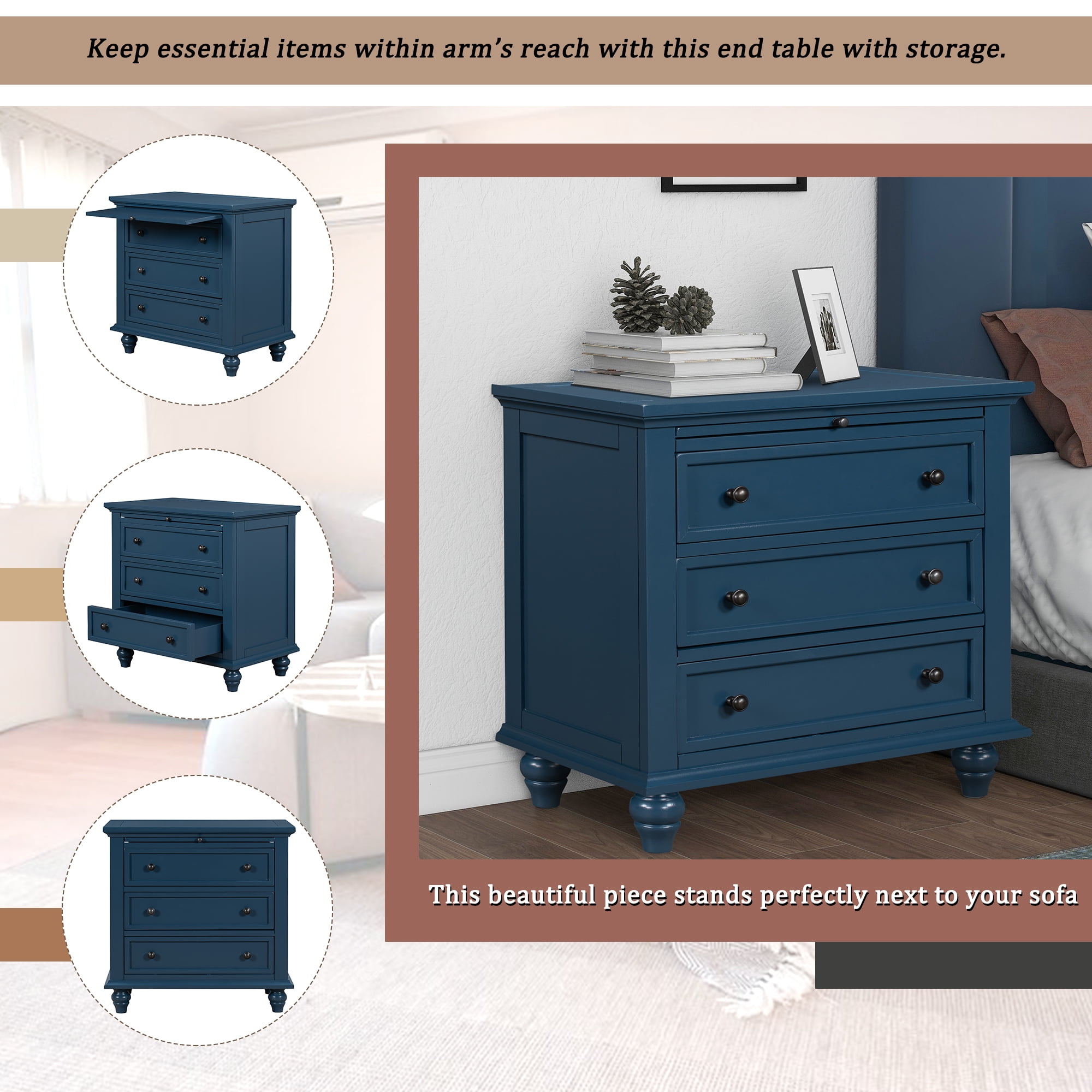 EUROCO 28'' Oversized Nightstand, Bedside Dresser End Table with Pull out Tray,3 Drawers, Rubber Wood Legs and Solid Frame for Living Room, Bedroom, Entryway, Blue