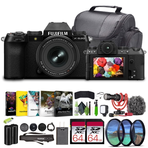 Fujifilm X-S20 Compact Digital Mirrorless Camera With XF 16-50mm F2.8-4.8 R LM WR Lens Kit Bundle 2x 64GB Memory Card  Vlogging Tripod  Video LED Light   Rode on Camara Microphone   More