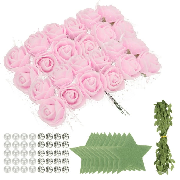 Uxcell 504pcs Cabezas de Rosa de Espuma 1" Flores Artificiales a Granel Sin Tallo con Hojas, Perlas y Diamantes para Manualidades DIY, Rosa Claro
