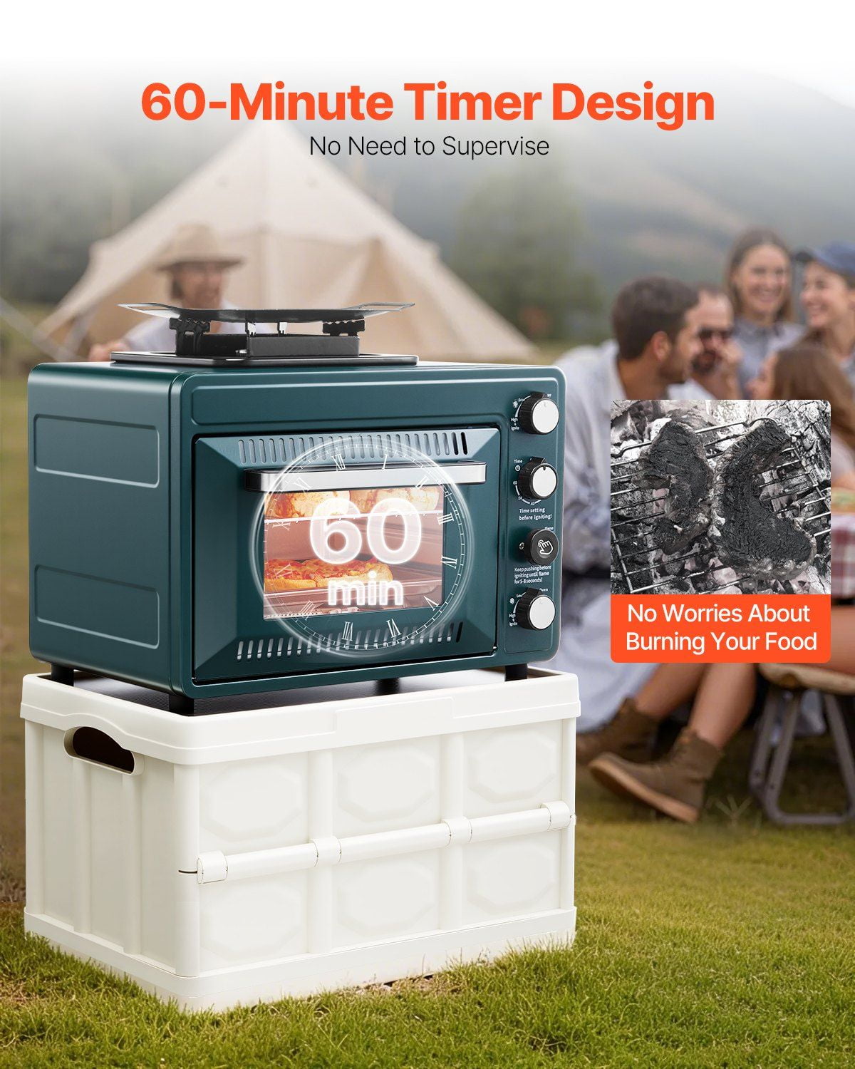 2 in 1 Portable Outdoor Gas Camping Stove Oven Combo Adjustable Fire Windproof 60 Minute Timer with Grill Shelf Roasting Tray for Backyard Picnic Camping Gear