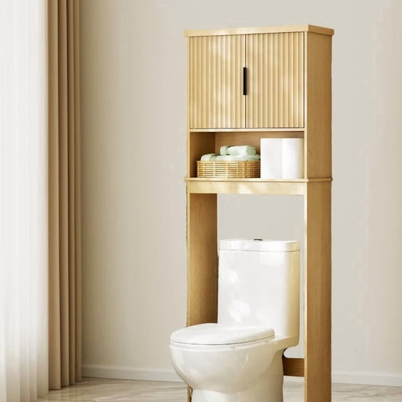 LEDREM Over-The-Toilet Storage Cabinet with Fluted Doors, Adjustable Shelf Mid Century Modern Bathroom Organizer, 23.6 Inch Wide, Oak Beige