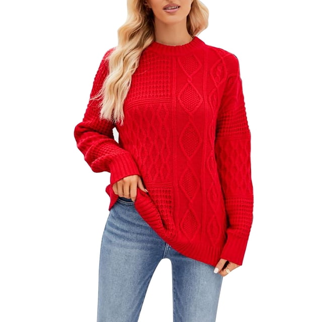 Duoif Chandails pour Femmes, Mode Décontractée pour Femmes Couleur Unie Col Rond Automne et Hiver Nouveau Chandail Ample Chandail Femmes Rouge m