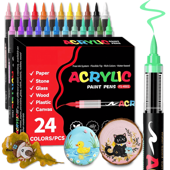COORIART 24 Colors Acrylic Paint Markers, Soft Brush Tip Pens, Automatic Ink Control No Bleed Markers Set for Wood, Stone, Canvas, Glass, Fabric, Egg, Rock Painting and DIY
