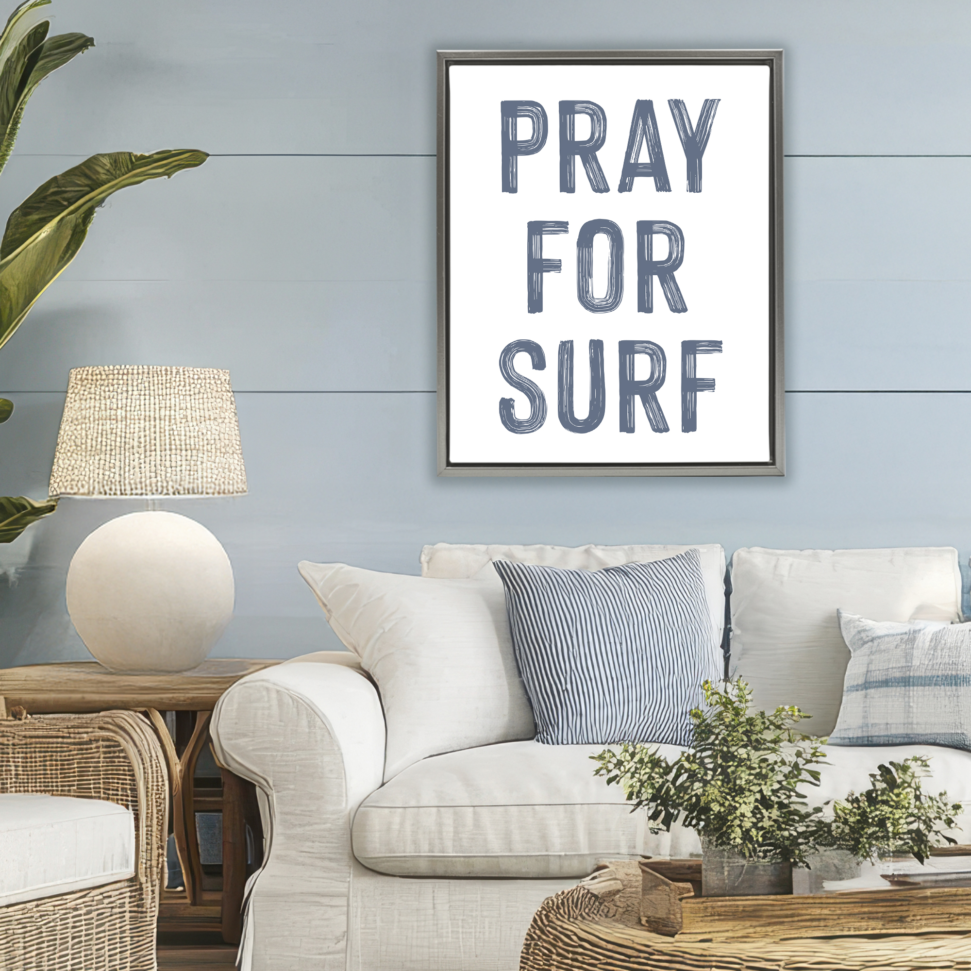 Summer Sentiment Pray For Surf Gray Framed Floater Canvas Wall Art, design by Lettered and Lined