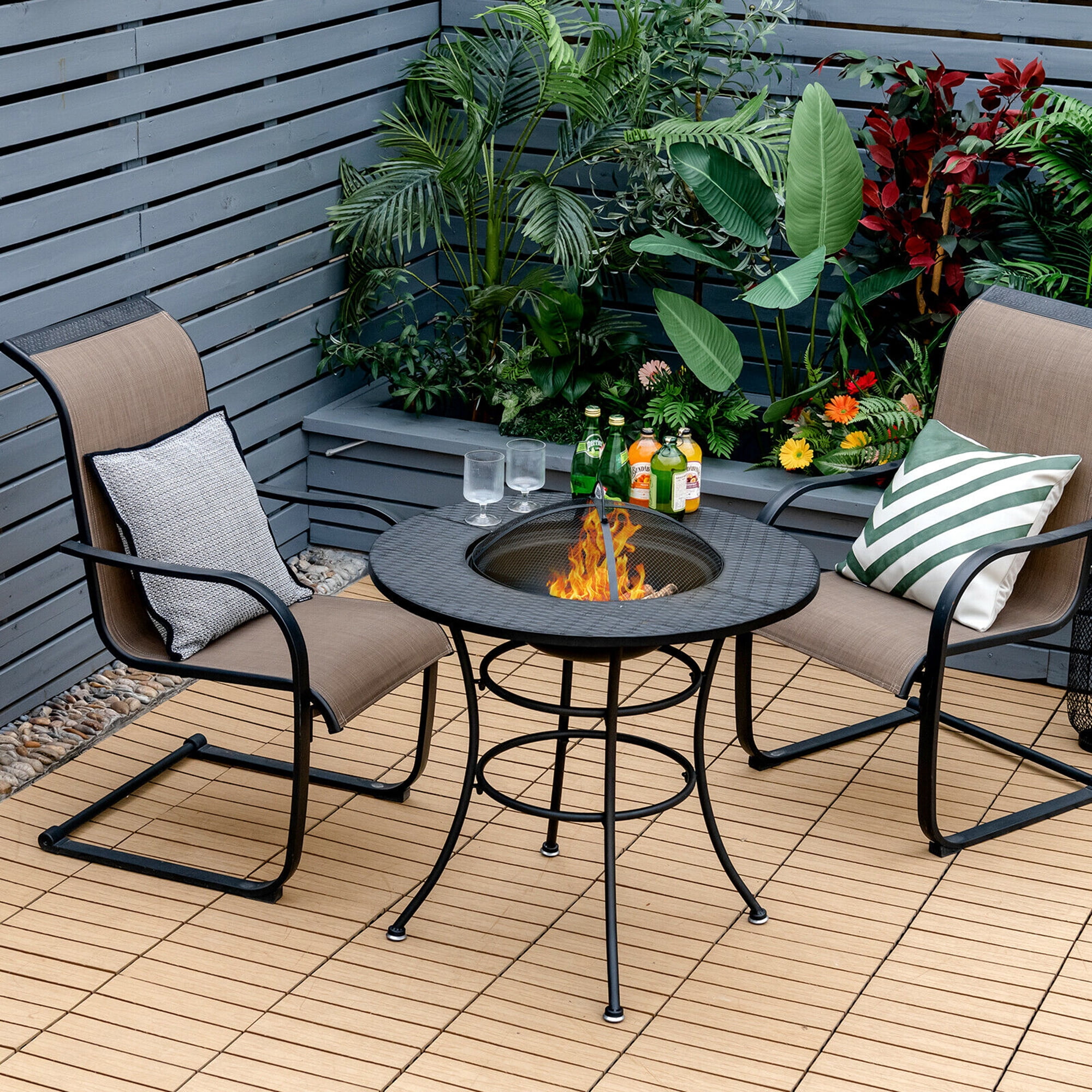 Gymax Fashion 31.5'' Patio Fire Pit Dining Table Charcoal Wood Burning W/ Cooking BBQ Grate