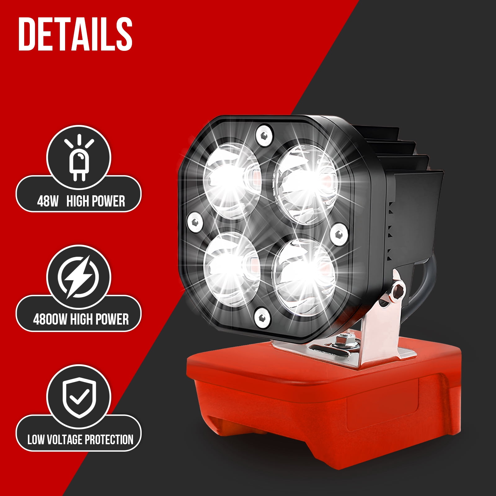 Cordless LED Work Light Compatible with Milwaukee 18V Battery, 48W 4800LM Flashlight, with Low Voltage Protection Adjustable 110° Flood Light for Outdoor Emergency Job Site Lighting