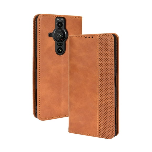 Compatible with Sony Xperia Pro-I Case Magnetic Closure Vintage Pattern PU Leather Wallet Cover with Card Slots-Brown