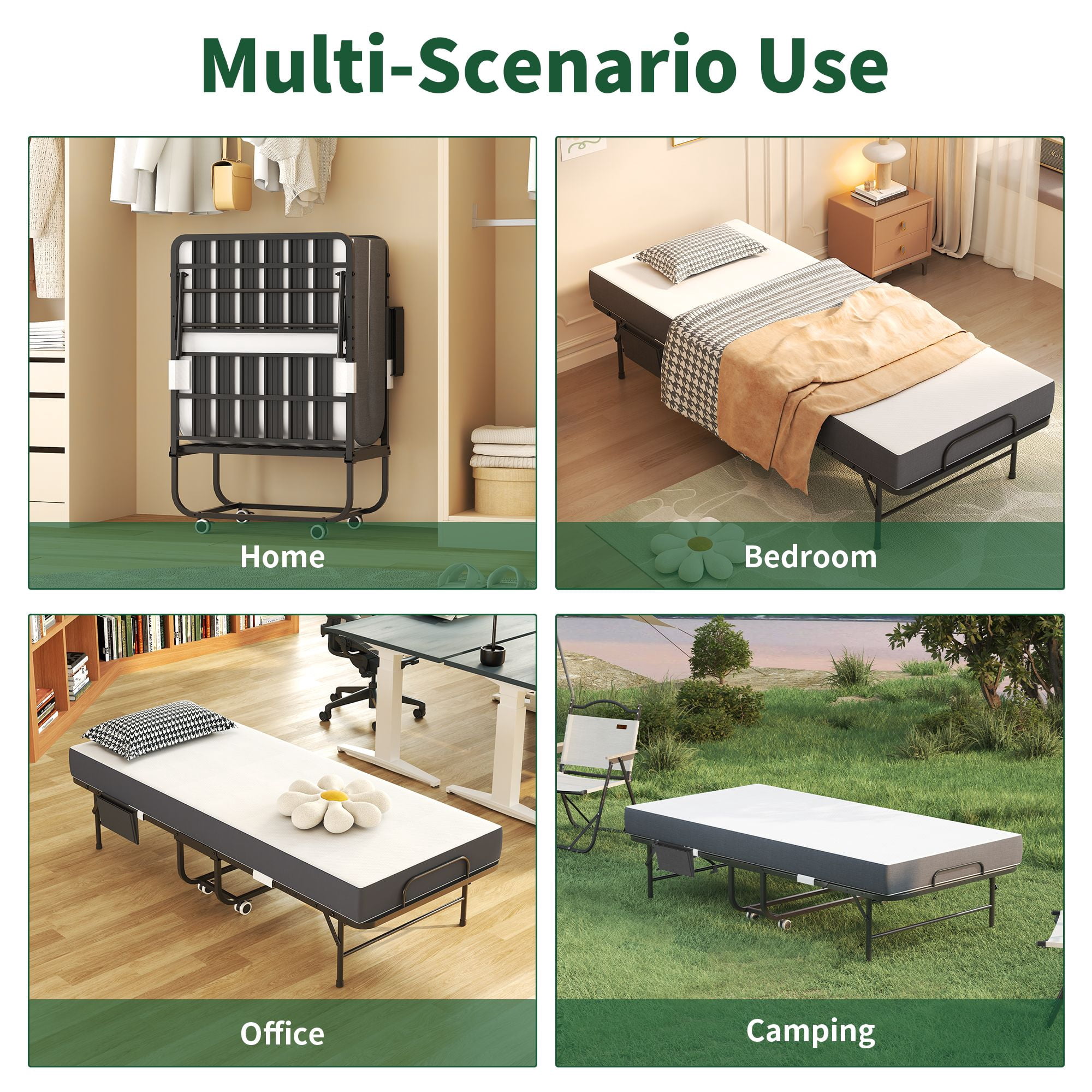 Folding Bed with 5-Inch Memory Foam Mattress, Rollaway Guest Bed, Steel Frame on Wheels, Space-Saving Twin Size