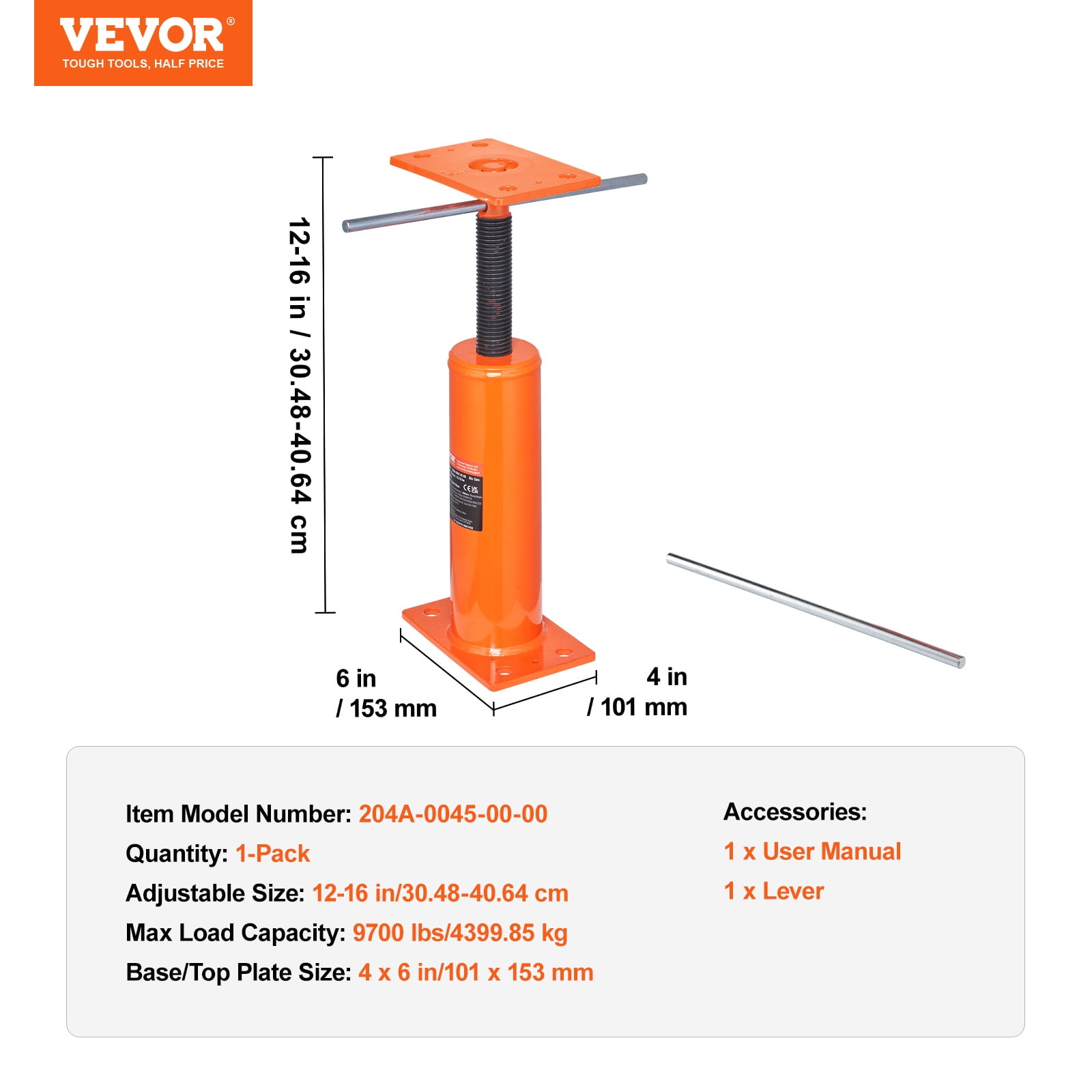 VEVOR House Floor Jack, 12"-16" Height Range, 9700 lbs Max Load Capacity, Adjustable Support Beam Basement Jack Post Pole for Leveling, Lift Support Steel Telescoping Jack Post for Temporary Support
