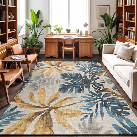 Area Rugs 3'x5', Navy Blue Brown Carpet Runner Indoor Outdoor Rugs Home Decor Aesthetic, Rustic Tropical Botanical Palm Leaves Non Slip Mats Washable Accent Rug for Living Room Bedroom