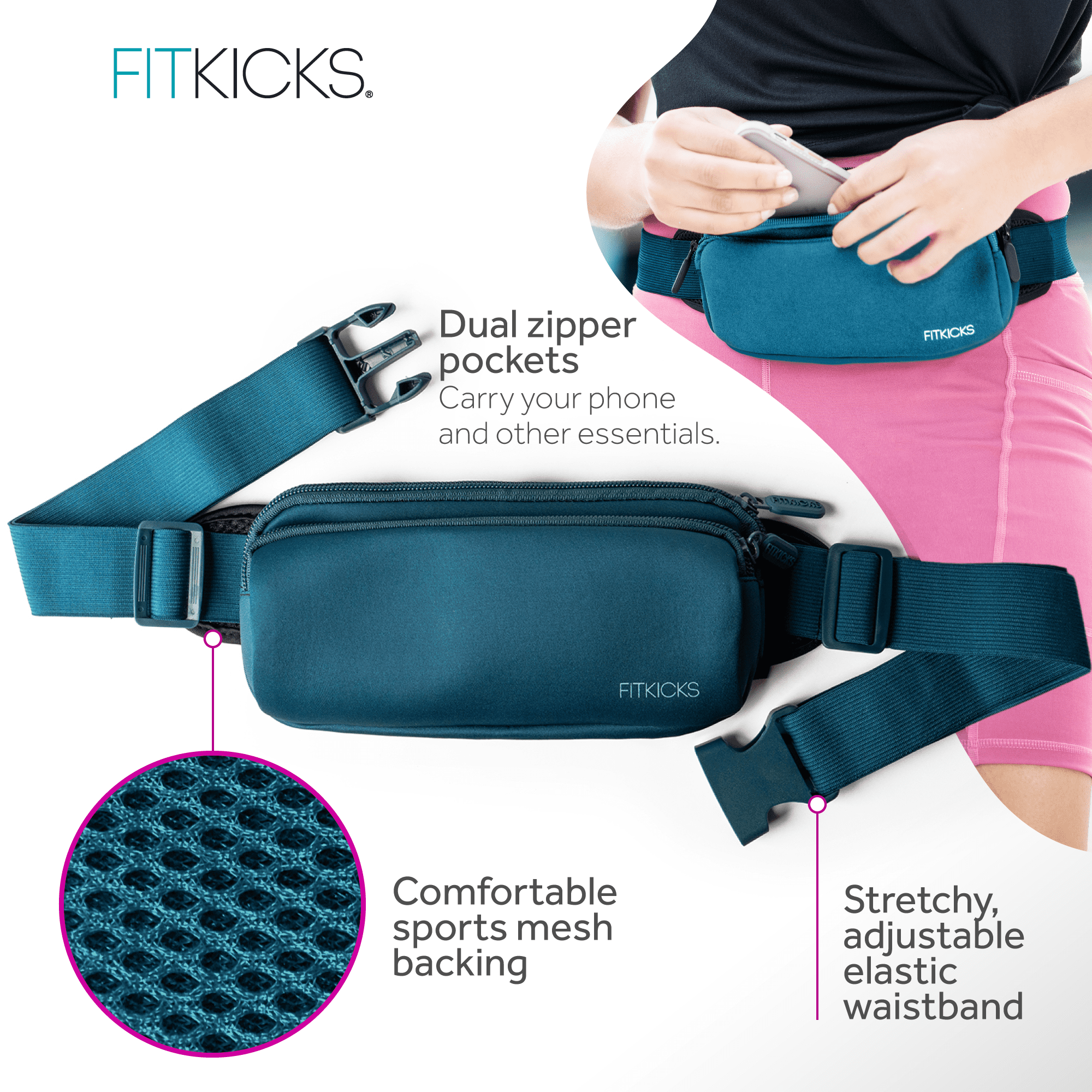 FITKICKS FITZIP Belt Crossbody Bag Fanny Pack Waist Pouch with Adjustable Strap, Teal (Unisex)