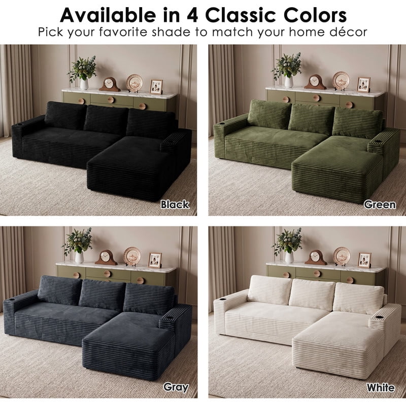 Anpport 104" Boneless Cloud Modular Sectional Couch, Corduroy Sofa with Cup Holders, Side Pockets, Deep Seat, No Assembly Required for Living Room, White (L‑Shaped, Left Facing Chaise)