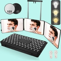 JUUTREN 3 Way Makeup Mirror, 360 LED Trifold Mirror for Hair Cutting Shaving Styling, Rechargeable Vanity Mirror with 3 Color Light, Barber Braiding Mirrors with Height Adjustable & 10X Magnification
