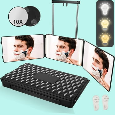 JUUTREN 3 Way Makeup Mirror, 360 LED Trifold Mirror for Hair Cutting Shaving Styling, Rechargeable Vanity Mirror with 3 Color Light, Barber Braiding Mirrors with Height Adjustable & 10X Magnification
