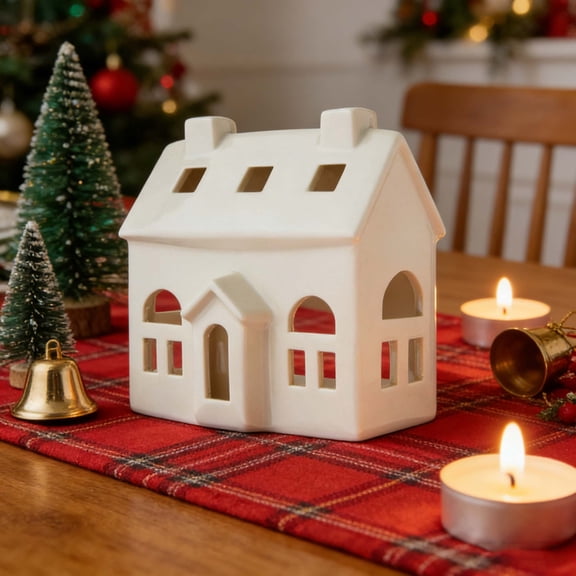 Christmas White Ceramic L-Shape House Decoration Miniature Village Ornament Cut-Out Window Porcelain House LED Light Compatible Mantel Table Shelf Winter Village Display Holiday Home Decor Gift