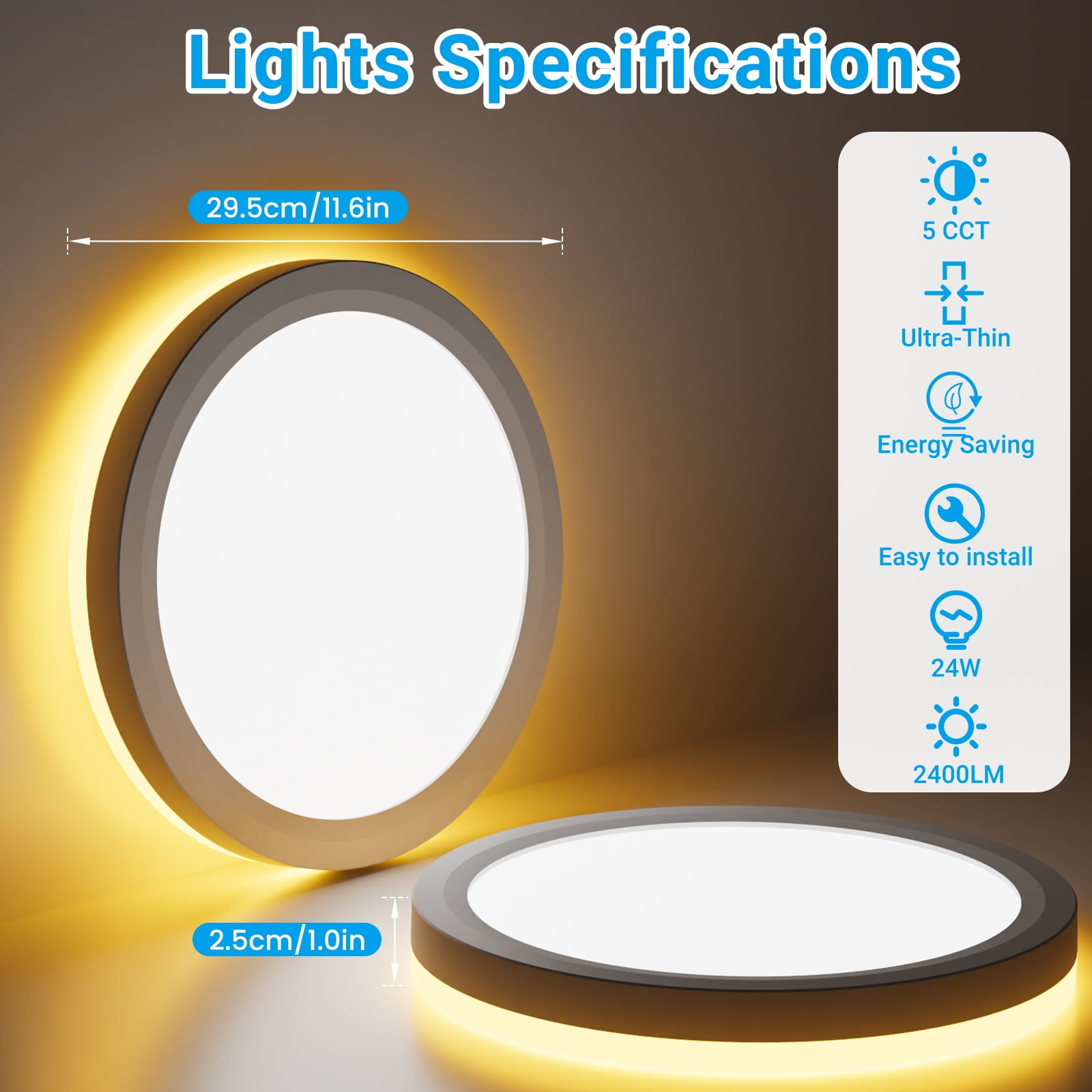 30cm Round Amber Backlit 24W Ultra-Thin Ceiling Light, 2700K-6500K Modern Ceiling Light, Suitable for Bedroom, Kitchen, and Dining Room Lighting Fixtures, White