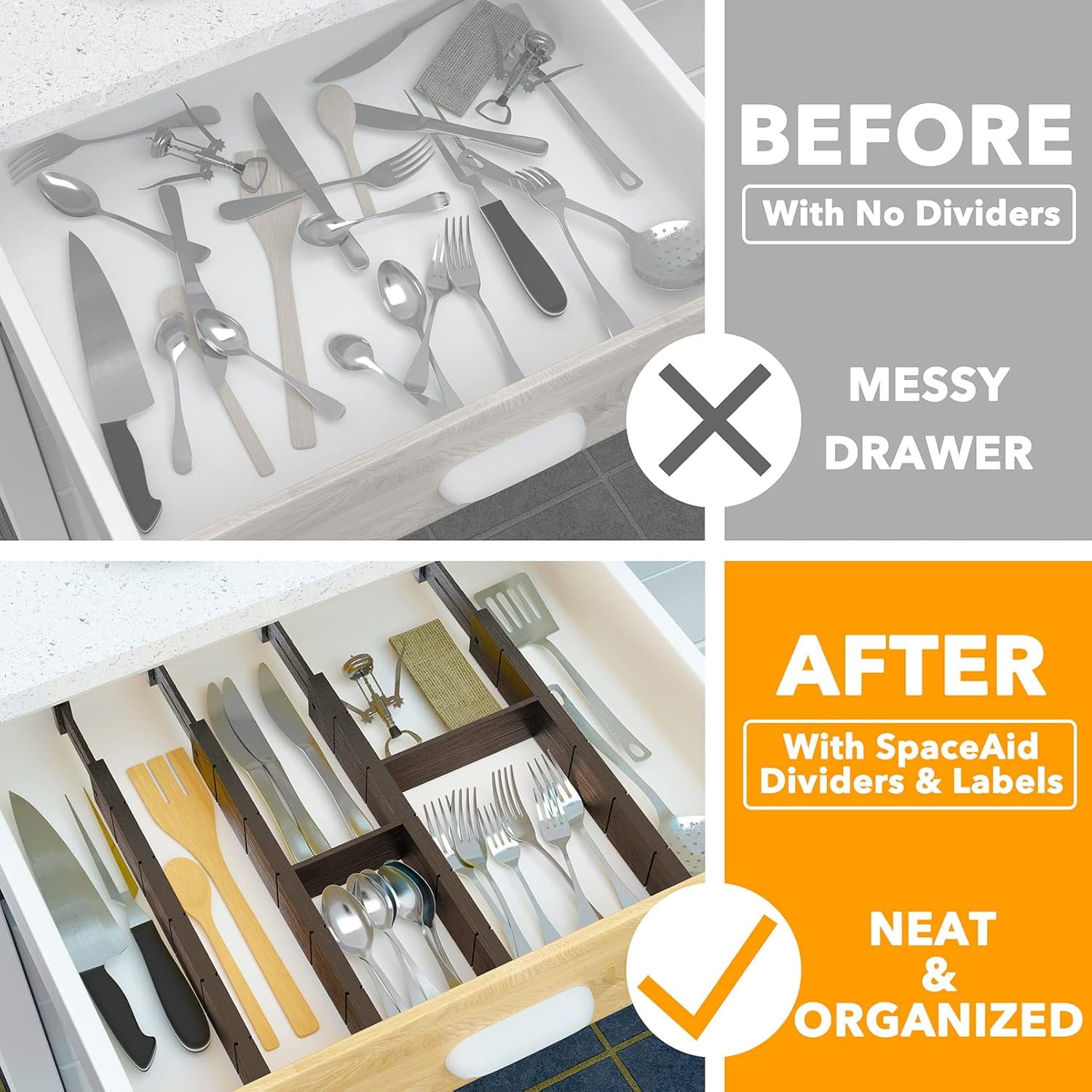 SpaceAid Bamboo Kitchen Organizer Drawer Dividers, Expandable(17-22 in), 17"L x 0.6"W x 2.6"H, Black