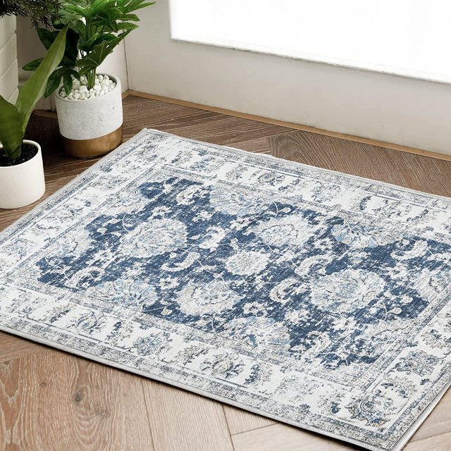 RUGKING Bath Rug 2x3 Door Mat Vintage Carpet Area Rug Indoor Non-Slip Foldable Floral Print Small Rug for Entrance Bedroom Living Room Dark Blue