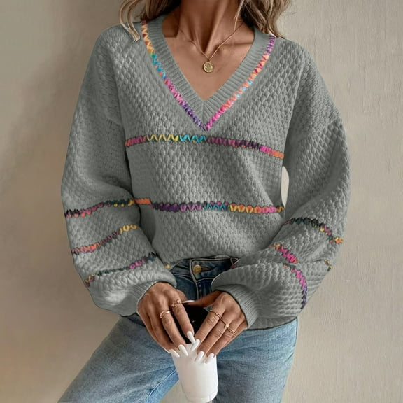 AGWOLF Womens V Neck Sweaters Striped Long Sleeve Knit Pullover Tops Oversized Drop Shoulder Jumper