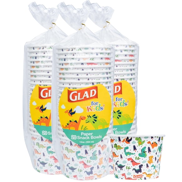 Cuencos de papel para aperitivos Glad for Kids Dinosaurs, 350 ml, 20 unidades, 3